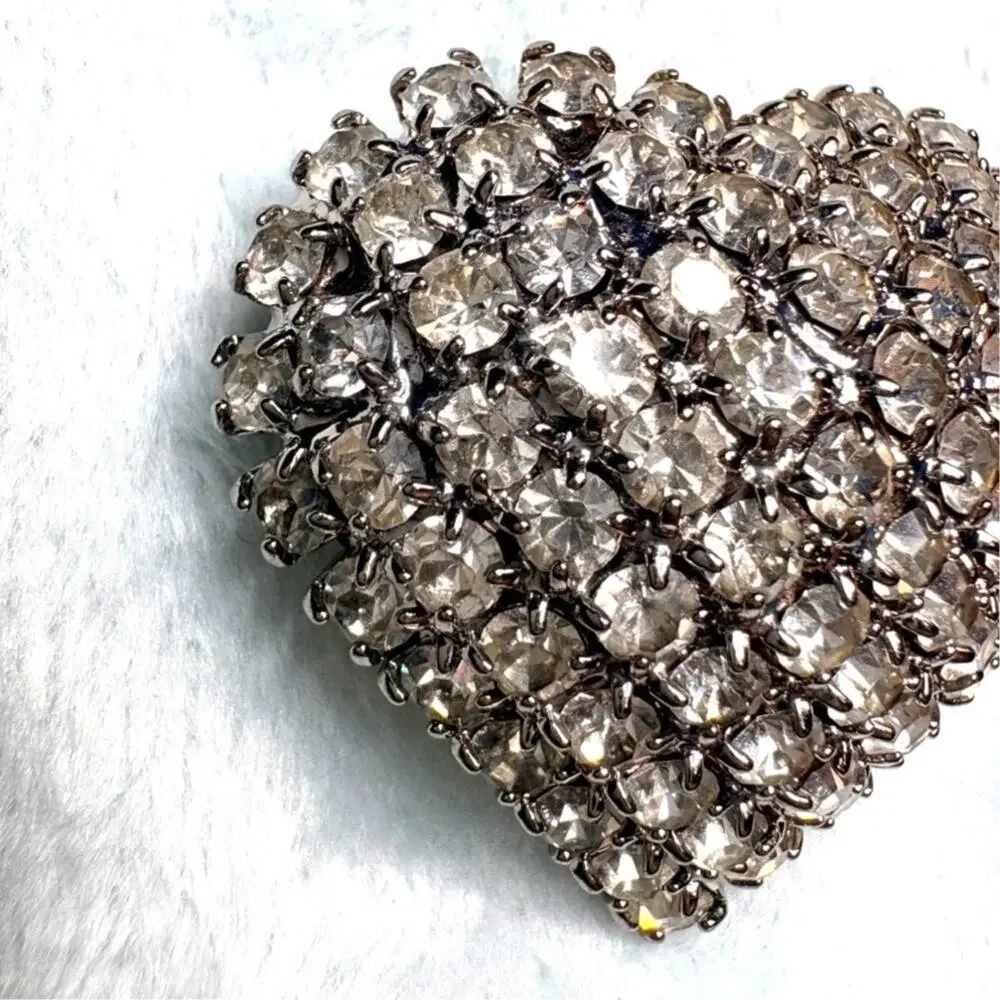 Mid‑Century Rhinestone Heart Brooch, Prong‑Set Stones, 1950s–60s